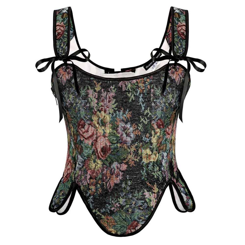 3526 Renaissance Corset Tops Medieval Bustier Tops Black Floral Corset